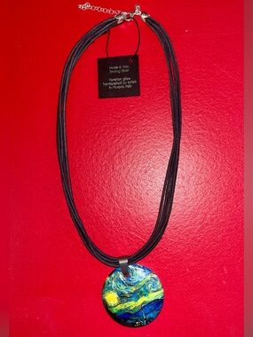 MURANO GLASS VAN GOGH ON DYADEMA BLACK silk CORD and silver NECKLACE. Italy